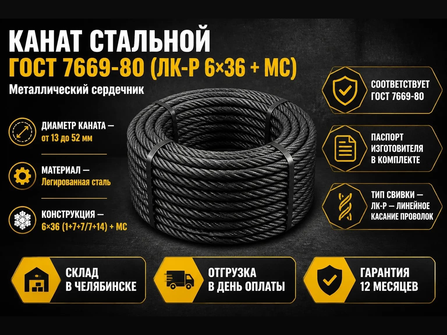 Канат стальной ГОСТ 7669-80 (ЛК-Р 6×36 + МС)